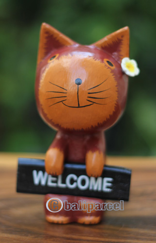 Wooden Cat With Painted, Handmade From Albesia Wood