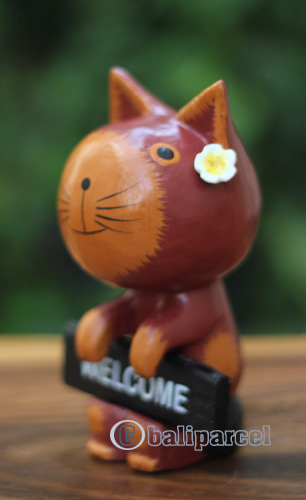 Wooden Cat With Painted, Handmade From Albesia Wood