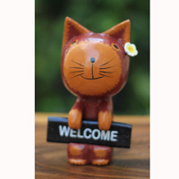 Wooden Cat With Painted, Handmade From Albesia Wood