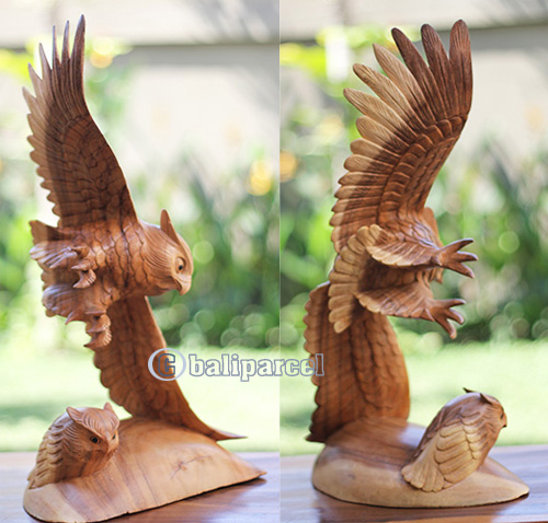 Wooden Owl With Baby Handcarved From Suar Wood