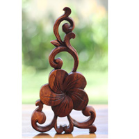 Wooden Wallhanging Cambodia Flower, Handmade From Suar Wood With Brown Polished