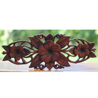 Wooden Wallhanging Cambodia Flower, Handmade From Suar Wood With Brown Polished