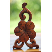 Wooden Wallhanging Cambodia Flower, Handmade From Suar Wood With Brown Polished