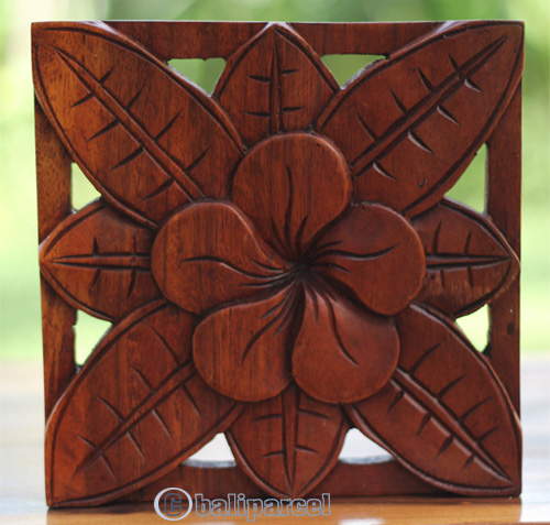 Wooden Wallhanging Cambodia Flower, Handmade From Suar Wood With Brown Polished