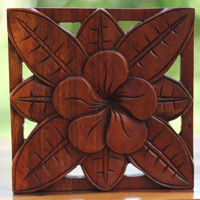 Wooden Wallhanging Cambodia Flower, Handmade From Suar Wood With Brown Polished