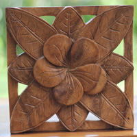 Wooden Wallhanging Cambodia Flower, Handmade From Suar Wood With Natural Polished