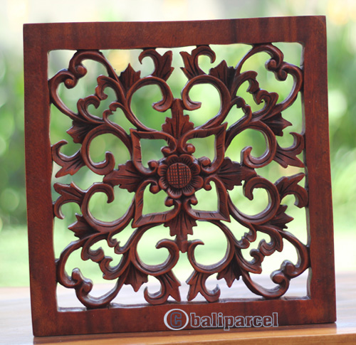 Wooden Wallhanging Flower, Handmade From Suar Wood With Brown Polished