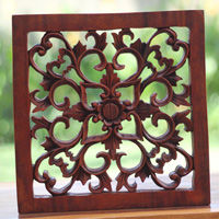 Wooden Wallhanging Flower, Handmade From Suar Wood With Brown Polished