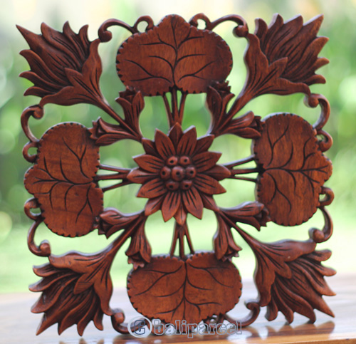 Wooden Wallhanging Lotus, Handmade From Suar Wood With Brown Polished