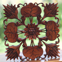 Wooden Wallhanging Lotus, Handmade From Suar Wood With Brown Polished