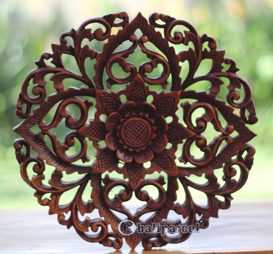 Wooden Wallhanging Flower, Handmade From Suar Wood With Brown Polished