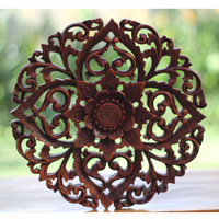 Wooden Wallhanging Flower, Handmade From Suar Wood With Brown Polished
