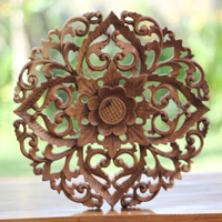 Wooden Wallhanging Flower, Handmade From Suar Wood With Natural Polished