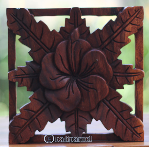 Wooden Wallhanging Flower, Handmade From Suar Wood With Brown Polished