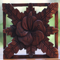 Wooden Wallhanging Flower, Handmade From Suar Wood With Brown Polished