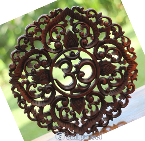 Wooden Wallhanging OM, Handmade From Suar Wood With Brown Polished