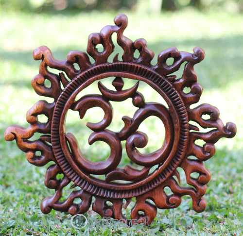 Wooden Wallhanging OM, Handmade From Suar Wood With Brown Polished