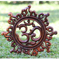 Wooden Wallhanging OM, Handmade From Suar Wood With Brown Polished
