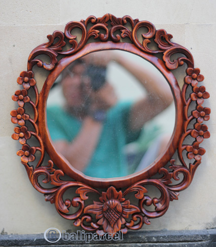 Wooden Wallhanging, Mirror, Made From Suar Wood