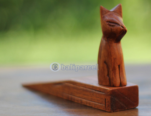 Wooden Door Stop With Cat Carving, This Pieces Hand Carved From Hibiscus Wood 
