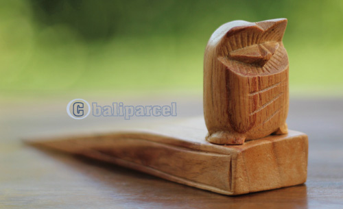 Wooden Door Stop With Owl Carving, This Pieces Hand Carved From Hibiscus Wood 