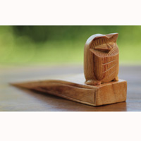 Wooden Door Stop With Owl Carving, This Pieces Hand Carved From Hibiscus Wood 