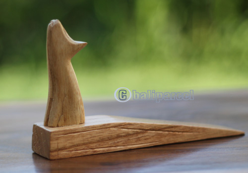 Wooden Door Stop With Cat Carving, This Pieces Hand Carved From Hibiscus Wood 