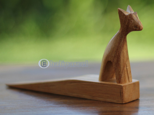 Wooden Door Stop With Cat Carving, This Pieces Hand Carved From Hibiscus Wood 