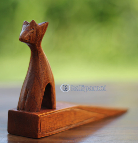 Wooden Door Stop With Cat Carving, This Pieces Hand Carved From Hibiscus Wood 