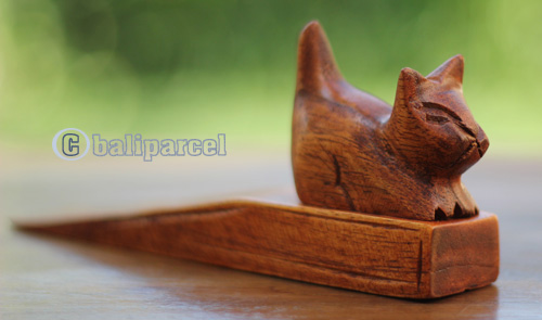 Wooden Door Stop With Cat Carving, This Pieces Hand Carved From Hibiscus Wood 