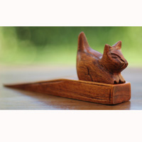 Wooden Door Stop With Cat Carving, This Pieces Hand Carved From Hibiscus Wood 