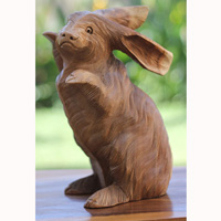 Wooden Rabbit, Handmade From Suar Wood With Natural Polished