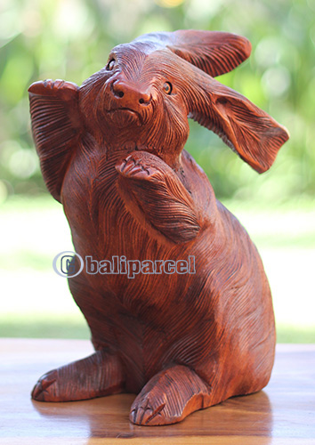 Wooden Rabbit, Handmade From Suar Wood With Brown Polished