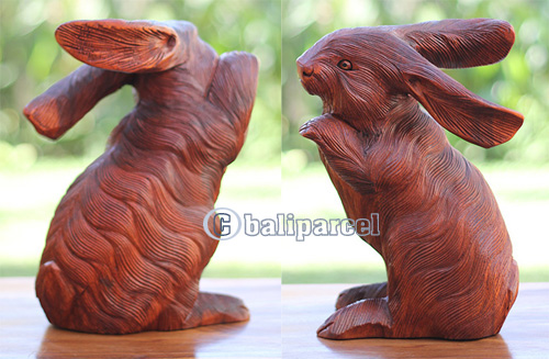 Wooden Rabbit, Handmade From Suar Wood With Brown Polished