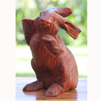 Wooden Rabbit, Handmade From Suar Wood With Brown Polished