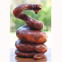 Wooden Snake, Handmade From Suar Wood With Brown Polished