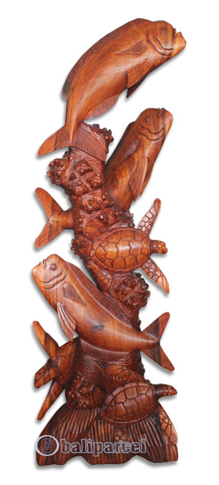 Wooden 3 Fish With 3 Turtle, Hand Carved From Suar Wood