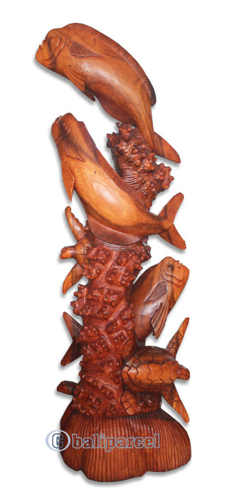 Wooden 3 Fish With 3 Turtle, Hand Carved From Suar Wood