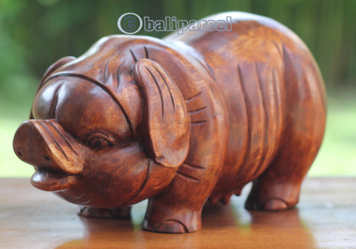 Wooden Pig Carving, Handmade From Suar Wood