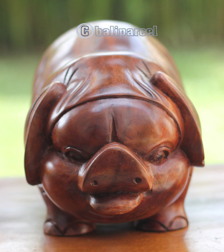 Wooden Pig Carving, Handmade From Suar Wood
