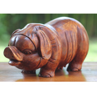 Wooden Pig Carving, Handmade From Suar Wood