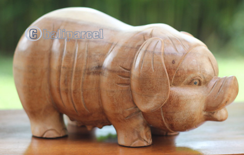 Wooden Pig Carving, Handmade From Suar Wood
