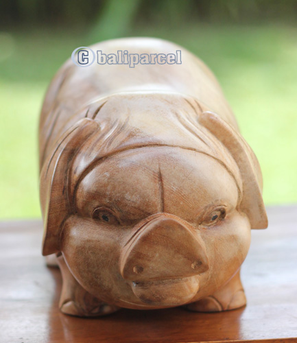 Wooden Pig Carving, Handmade From Suar Wood