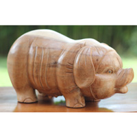 Wooden Pig Carving, Handmade From Suar Wood