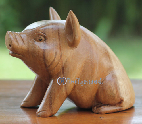 Wooden Pig Carving, Handmade From Suar Wood