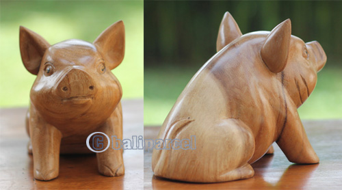 Wooden Pig Carving, Handmade From Suar Wood