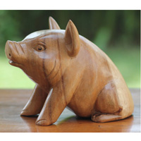 Wooden Pig Carving, Handmade From Suar Wood