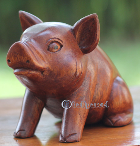 Wooden Pig Carving, Handmade From Suar Wood