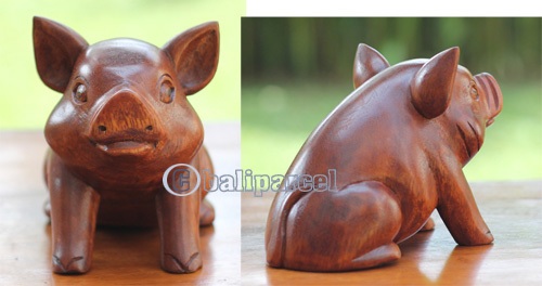 Wooden Pig Carving, Handmade From Suar Wood