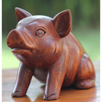 Wooden Pig Carving, Handmade From Suar Wood